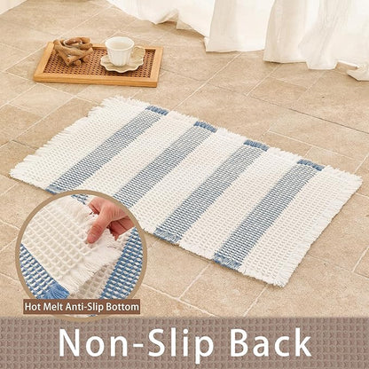 Waffle Bath Mat Non Slip, Boho Bathroom Rug, Super Absorbent Quick Dry Bathroom Mat, Soft Farmhouse Bath Rug with Tassels, Small Washable Shower Mats for Floor 20"x32", White and Blue