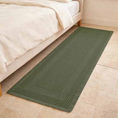 Waffle Runner Rug Non Slip, Boho Bath Mat, Super Absorbent Quick Dry Long Bath Runner Bathroom, Soft Farmhouse Bath Rug with Tassels, Washable Shower Mats for Floor 24"x72", Square Olive Green