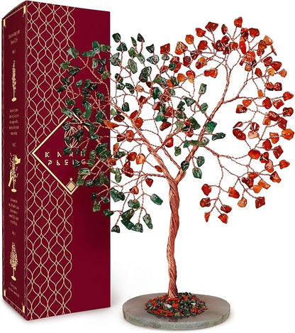 Crystal Tree for Home and Office Decoration, Carnelian & Green Aventurine Healing Stones Handmade Tree of Life for Positive Energy, Money, Good Luck, Christmas Decor, Birthday Gifts for Women, Mom