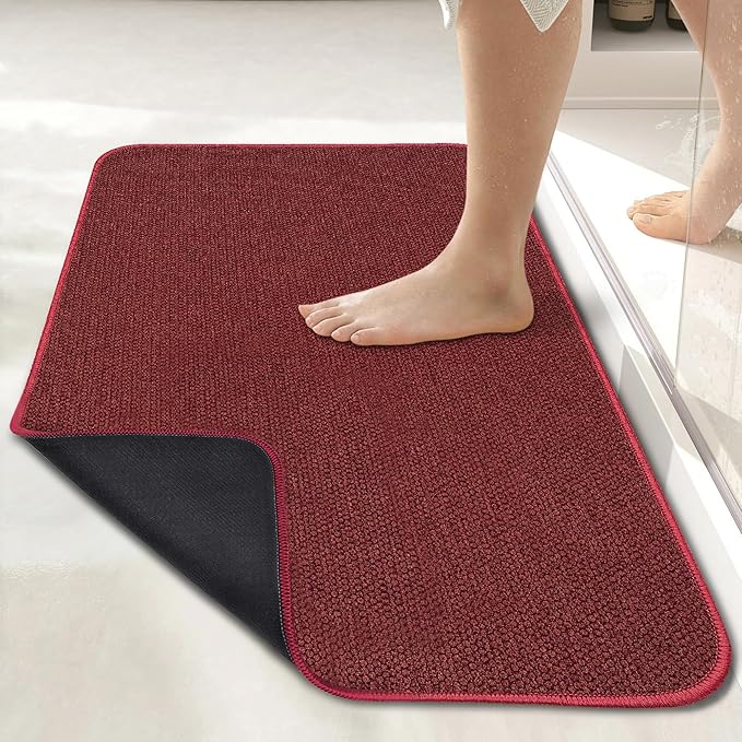 Bath Mat,Ultra Thin Bathroom Runner Rugs,Large Bath Mats for Bathroom,Quick Dry,Non-Slip,Machine Washable,Low Pile,Bath Rug,Shower Outside,Sink,Home Decor Accessories.Red,2'x6'(24x72inch)