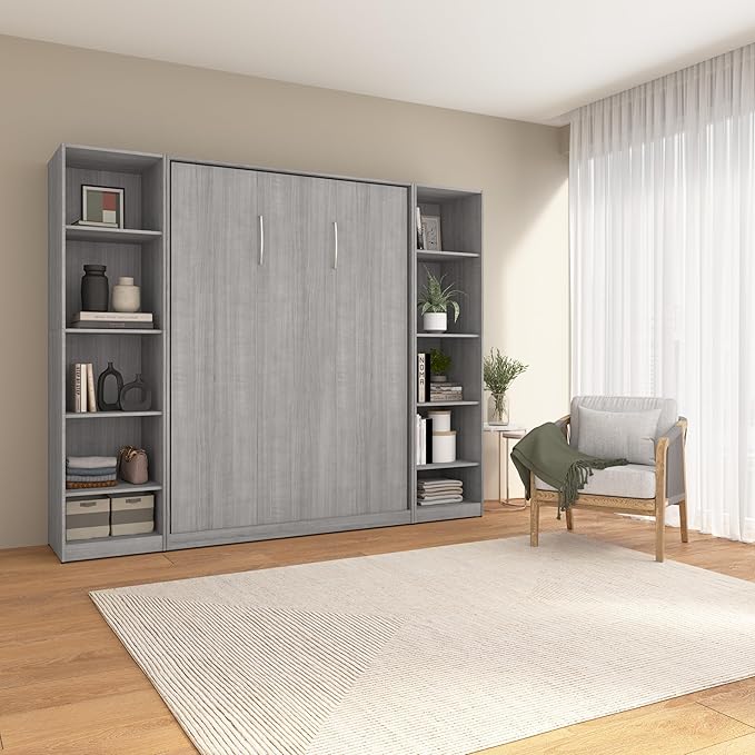 Bestar Claremont Full Murphy Bed with Closet Organizers (99W) in Platinum Gray, Space-Saving Sleeping Arrangement for Multipurpose Room