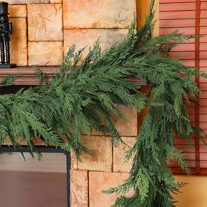 Jutom 1 PCS 6 ft Christmas Cedar Garland - Green Artificial Realistic Cedar Garland Faux Decoration for Table, Mantel, Wall Winter Holiday Party