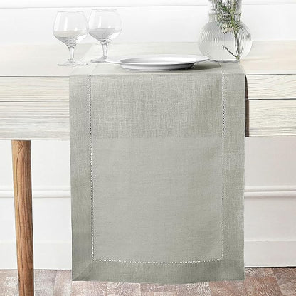 D'Moksha Homes Linen Silver Grey Table Runner 120 Inches Long - 100% Pure Linen Hemstitch 14 x 120 Inch Table Runner for Dining, Winter, Christmas, Holiday - Classic Hemstitch