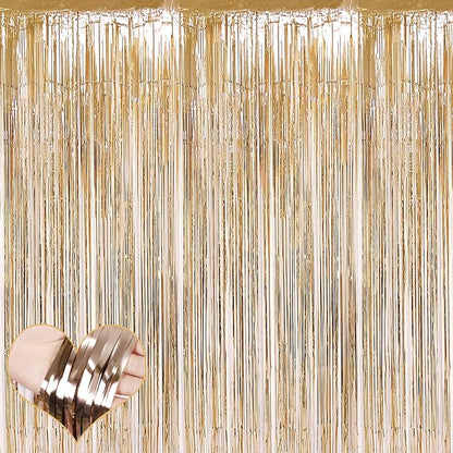 4 Pack Champagne Gold Fringe Curtain Backdrop, 3.2Ft x 8.2Ft Metallic Tinsel Foil Fringe Streamers Background for Photo Booth Birthday Wedding Baby Shower Carnival Easter Mother’s Day Party Decoration