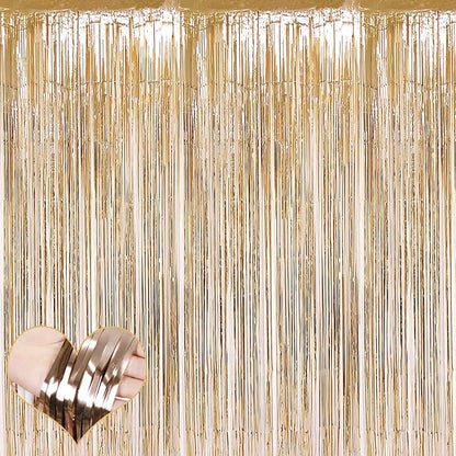 4 Pack Champagne Gold Fringe Curtain Backdrop, 3.2Ft x 6.6Ft Metallic Tinsel Foil Fringe Streamers Curtains Background for Photo Booth Birthday Baby Shower Party Thanksgiving Christmas Decorations