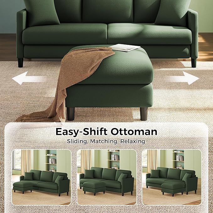 83" Couches for Living Room, Comfy Sofas for Living Room with Storage Ottomans, Teddy Sofa Couch, Tool-Free Loveseat Sofa, All-Wood Love Seat Couches, U Shaped Couch 2 Pillow Included, Green