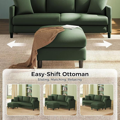 83" Couches for Living Room, Comfy Sofas for Living Room with Storage Ottomans, Teddy Sofa Couch, Tool-Free Loveseat Sofa, All-Wood Love Seat Couches, U Shaped Couch 2 Pillow Included, Green