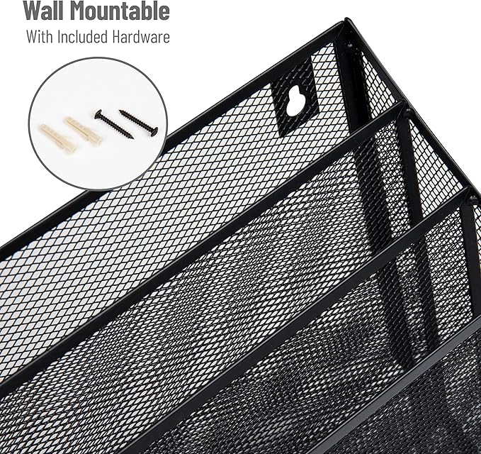 Mind Reader Vertical File Storage, Desktop Organizer, Wall Mount, Office, Metal Mesh, 12.5"L x 3.75"W x 11.5"H, Black