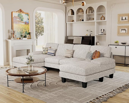 Furmax Sectional Couches for Living Room, U-Shaped Sofa Couch with Linen Fabric, 4 Seat Sofa Set with Double Chaise for Apartment (Loop Yarn, Pearl Gray)