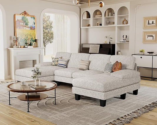 Furmax Sectional Couches for Living Room, U-Shaped Sofa Couch with Linen Fabric, 4 Seat Sofa Set with Double Chaise for Apartment (Loop Yarn, Pearl Gray)