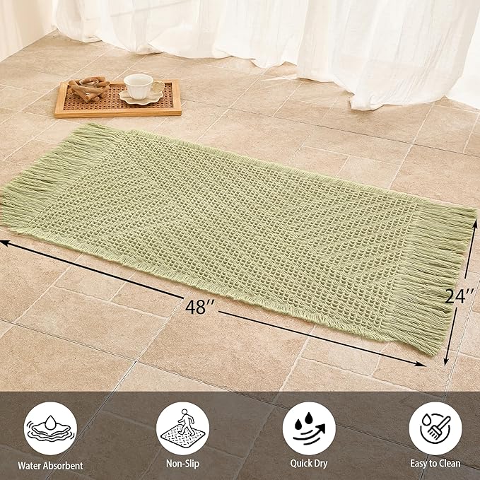 Waffle Bath Mat Non Slip, Boho Runner Rug, Super Absorbent Quick Dry Long Bath Runner Bathroom, Soft Farmhouse Bath Rug with Tassels, Washable Shower Mats for Floor 24"x48", Tassels Sage Green