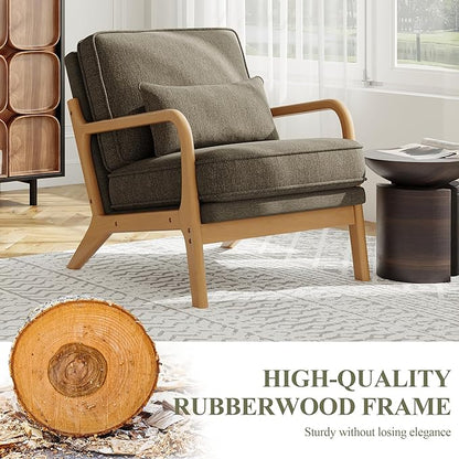 Accent Chair with Solid Wood Frame, Mid-Century Relaxing Armchair Lumbar Pillow& Soft Cushion, Reading Leisure Chair for Living Room, Bedroom, Waiting Room-Green