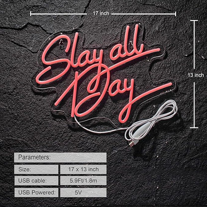 Slay All Day Neon Sign for Wall Décor Dimmable LED Neon Light USB Powered Neon Art signs for Pub Store Man Cave Party(17X13inches,Pink)