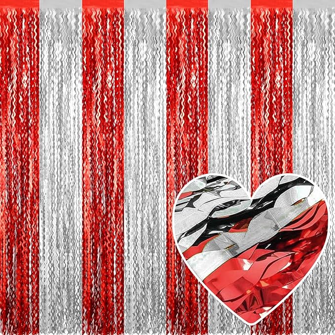 4 Pack Red Silver Fringe Curtain Backdrop 3.2Ft x 8.2Ft Metallic Tinsel Foil Fringe Streamers Background for Photo Booth Mother's Day, Easter, Carnival, Birthday, Wedding Party Decoration