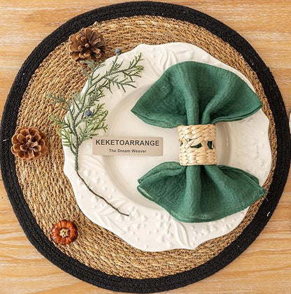 Cloth Napkins 17x17 Inches, Set of 10 Emerald Green Cotton, Includes 10 Sisal Ropes, Perfect for Lunch, Dinner, Wedding, Baby Shower, Boho Decorations