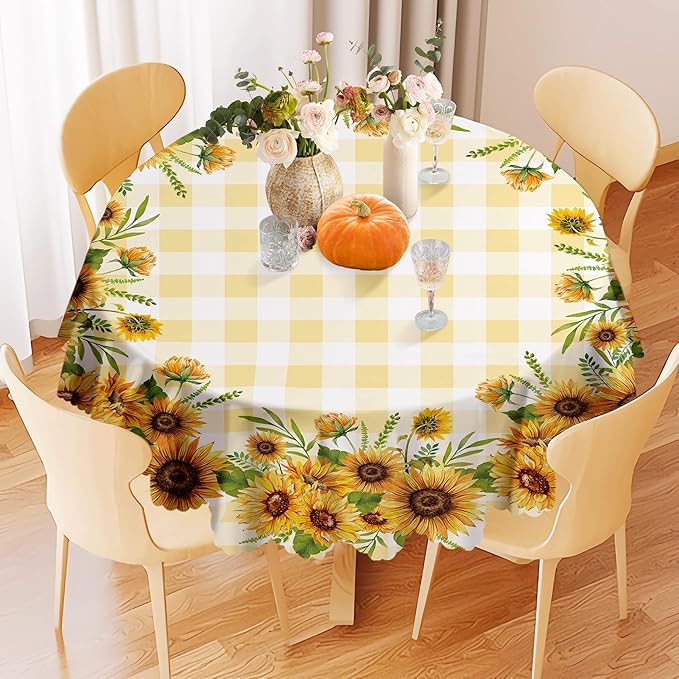 Eikione Sunflower Round Tablecloth 60inch, Fall Gingham Tablecloth Waterproof and Wrinkle-Free, Wild Flower Rustic Table Covers, Fall Decorations for Home