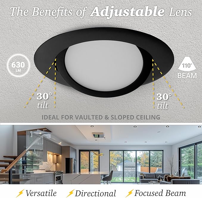 NuWatt 12 Pack, 4 Inch Black Gimbal LED Recessed Lighting, 2700K/3000K/3500K/4000K/5000K Selectable, 630LM, Dimmable, Damp Rated, Canless Adjustable Directional Lights for Sloped Ceilings, Metal J-Box
