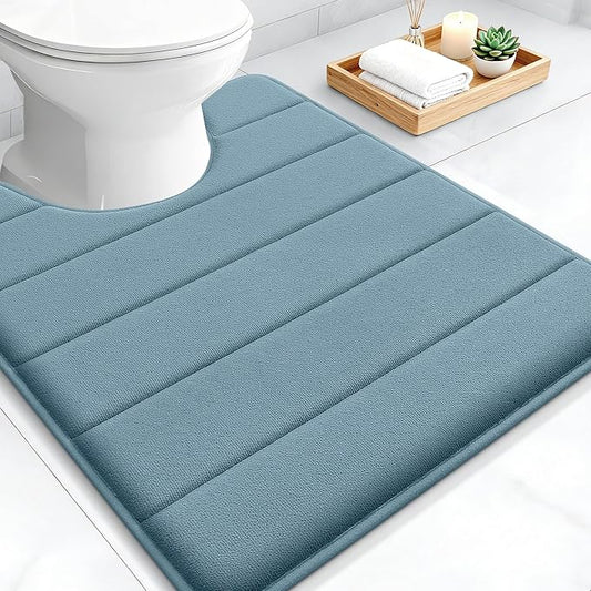 OLANLY Memory Foam Toilet Rugs U Shaped 24x20, Super Soft Absorbent Contour Bath Rugs, Quick Dry, Machine Washable Toilet Mat, Bathmat Floor Carpet, Bathroom Home Decor Accessories, Airy Blue