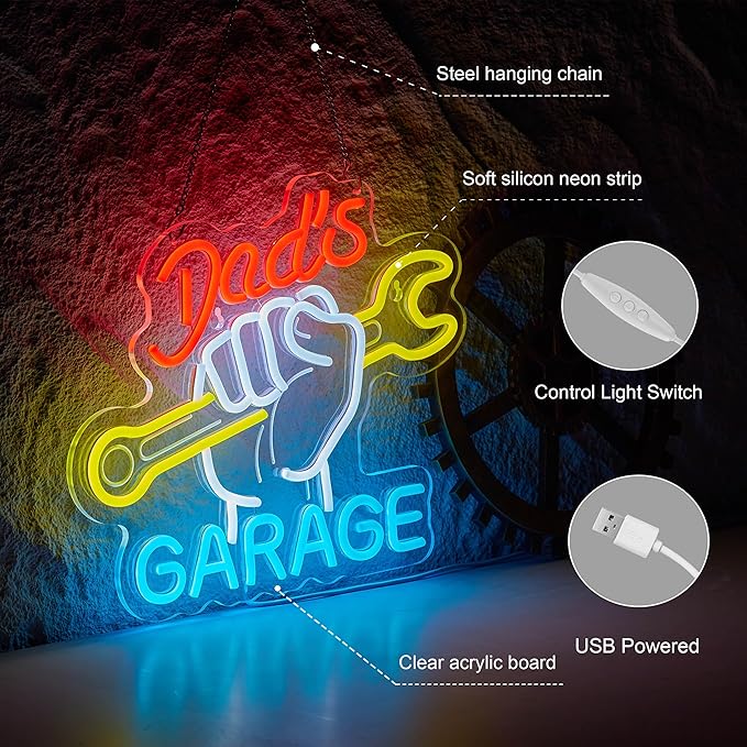 Dad's Garage Neon Sign for Wall Décor LED Car Signs for Auto Repair Shop Man Cave Workshop Decor for Fathers Gift