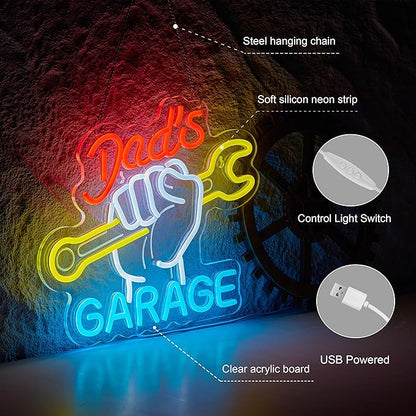 Dad's Garage Neon Sign for Wall Décor LED Car Signs for Auto Repair Shop Man Cave Workshop Decor for Fathers Gift