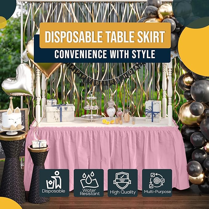 Exquisite Ruffle Table Skirt Pink 2 Pack 14 Ft Long Table Skirts for Rectangle Tables 6ft Plus or Round Tables Skirts with Adhesive Strip for Gender Reveal Decor & Happy Birthday Parties