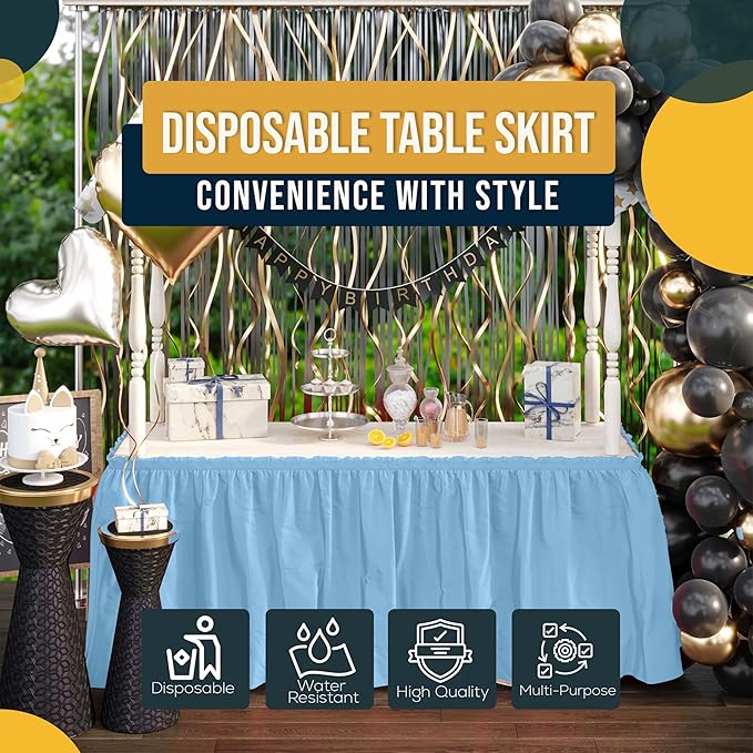Exquisite Ruffle Table Skirt Light Blue 6 Pack 14 Ft Long Table Skirts for Rectangle Tables 6ft Plus or Round Tables Skirts with Adhesive Strip for Gender Reveal Decor & Happy Birthday Parties