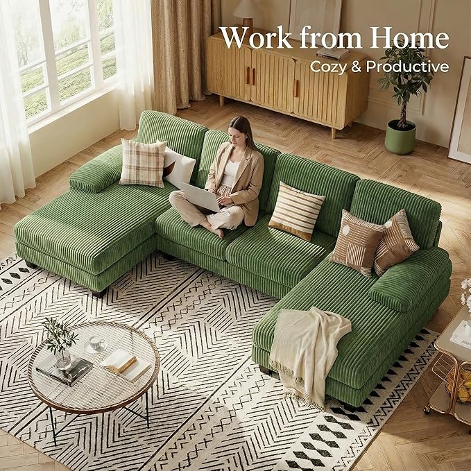 Homall Modular Sectional U Shaped Sofa Couches for Living Room, Comfy Corduroy 4 Seat Sofa Set with Removable Pillows, Lounge Chaise Upholstered Couch for Apartment (Corduroy, Dark Green)