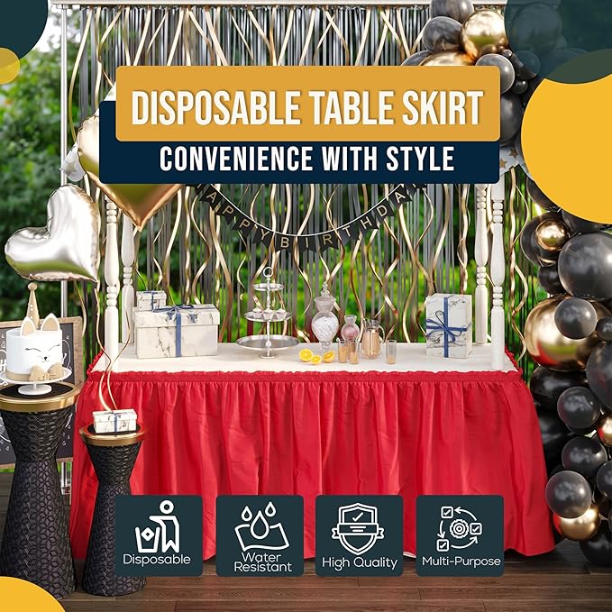 Exquisite Ruffle Table Skirt Red 12 Pack 14 Ft Long Table Skirts for Rectangle Tables 6ft Plus or Round Tables Skirts with Adhesive Strip for Gender Reveal Decor & Happy Birthday Parties