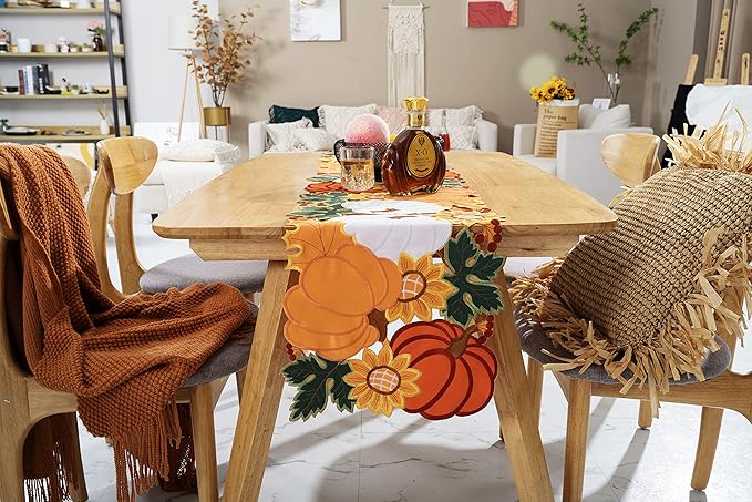 Thanksgiving Table Runner Embroidery Cutout Pumpkin Fall Table Runners Kitchen Decor Party Table Decorations 16x72 inch