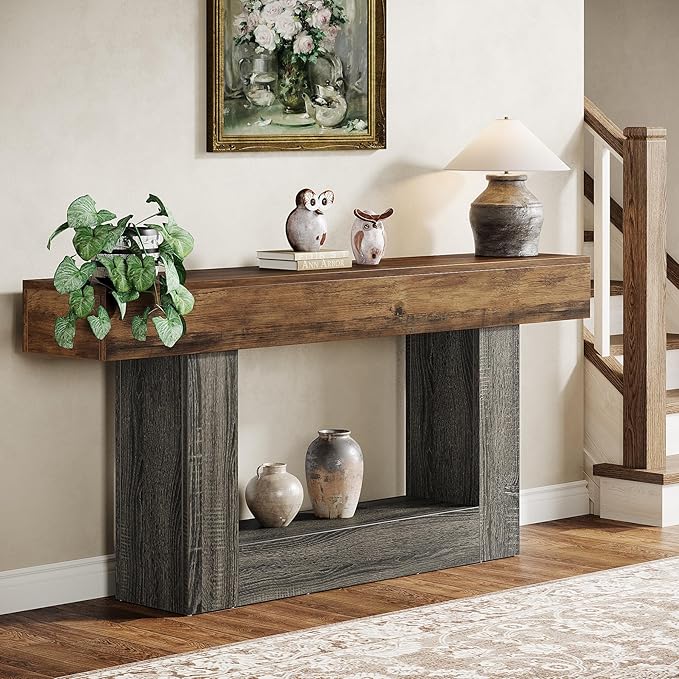 Tribesigns 63" Console Table, Farmhouse 2-Tier Entryway Table with U-Shaped Base, Narrow Long Wood Sofa Table Behind Couch Table for Living Room, Hallway, Foyer, Vintage Brown & Gray | Farmhouse, Entryway Table, Narrow, Long, Sofa Table, Behind Couch T...