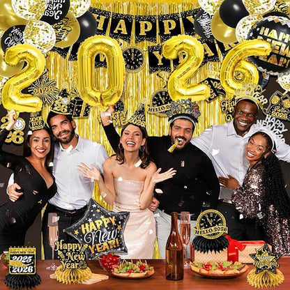 New Years Eve Party Supplies 2026,Black Gold 2026 Happy New Years Decorations Set,happy New Year Banner,Hat,New Year Hanging Swirls,Headband Tiara,Foil Balloons,Curtain,Honeycpmb for Nye Decor