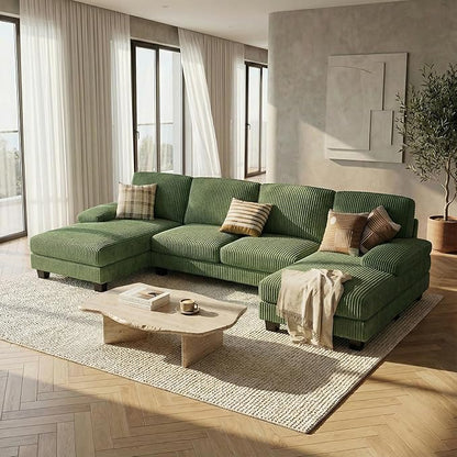 Homall Modular Sectional U Shaped Sofa Couches for Living Room, Comfy Corduroy 4 Seat Sofa Set with Removable Pillows, Lounge Chaise Upholstered Couch for Apartment (Corduroy, Dark Green)