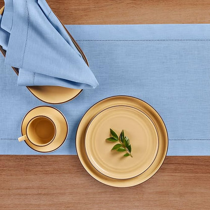 Solino Home Linen Cornflower Blue Hemstitch Table Runner 60 Inches - 100% Pure Linen Table Runner 14 x 60 Inch Ideal for Dresser and Coffee Tables - Classic Hemstitch - Christmas, Holiday, New Year