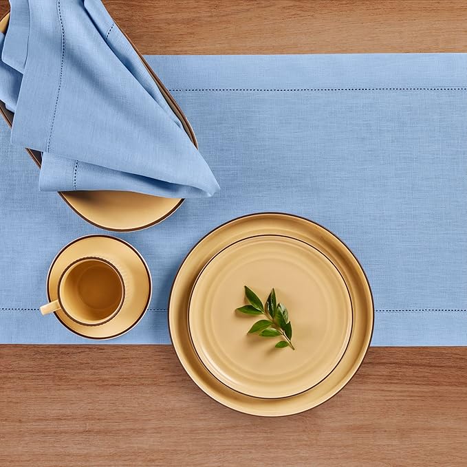 Solino Home Linen Cornflower Blue Hemstitch Table Runner 48 Inches - 100% Pure Linen Table Runner 14 x 48 Inch Ideal for Dresser and Coffee Tables - Classic Hemstitch - Christmas, Holiday, New Year
