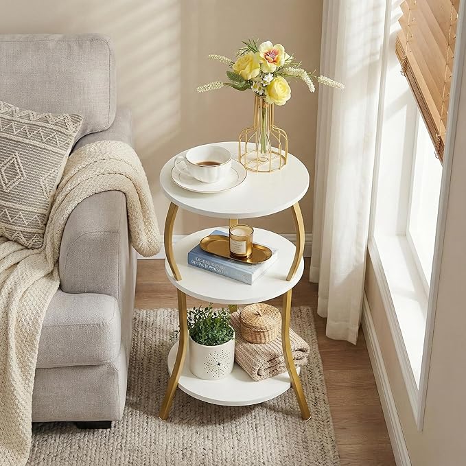 Vintage Small Round Side Table, 3-Tier Slim Waist Circular End Table with Storage Shelf, Compact Tea Sofa Table, Round Corner Coffee Table Nightstand for Living Room Bedroom Small Spaces,White+ Gold