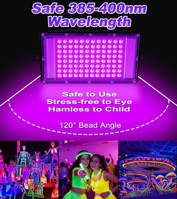 100W LED Black Light IP66 Waterproof, Outdoor Blacklight Flood Light with Plug+Switch+Cord, for Halloween Neon Glow in The Dark Party Body Paint Fluorescent Poster Classroom Club Dance Party, 2 Pack