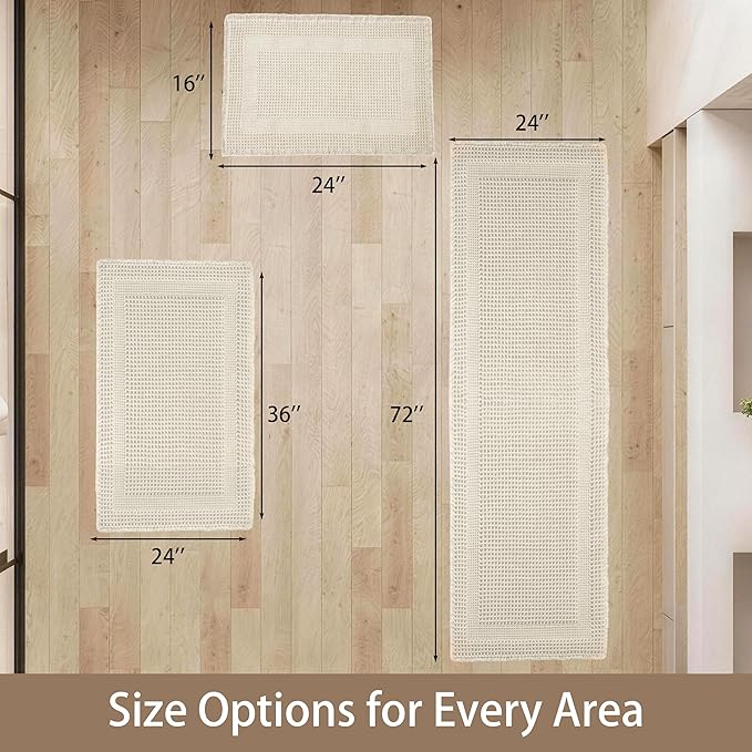 Waffle Bath Mat Non Slip, Boho Bathroom Rug, Super Absorbent Quick Dry Bathroom Mat, Soft Farmhouse Bath Rug with Tassels, Small Washable Shower Mats for Floor 20"x32", Square Cream