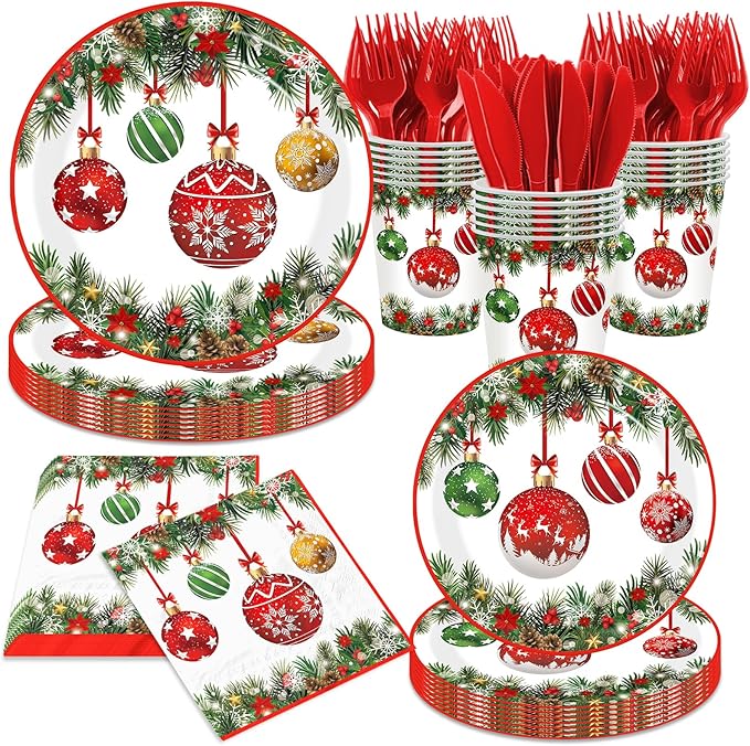 Christmas Paper Plates and Napkins,144pcs Xmas Ball Christmas Plates Disposable Party Set Christ mas Dinnerware Set for Winter Xmas Holiday,Serves 24