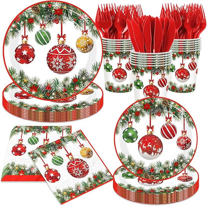 Christmas Paper Plates and Napkins,144pcs Xmas Ball Christmas Plates Disposable Party Set Christ mas Dinnerware Set for Winter Xmas Holiday,Serves 24