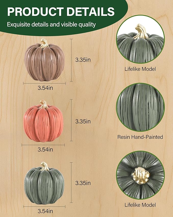Set of 3 Mini Resin Pumpkins – Hand-Painted Fall Harvest Table Decorations in Brown, Orange & Green, 3.5” Autumn Décor for Thanksgiving Day Farmhouse Styling (Multicolor)