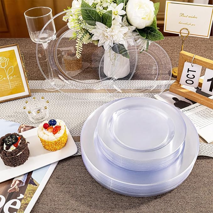 I00000 200PCS Clear Plastic Plates, Disposable Clear Plates for 100 Guests, Premium Dinner and Dessert Plate, Fancy Hard Plastic Party Plate for Wedding Christmas