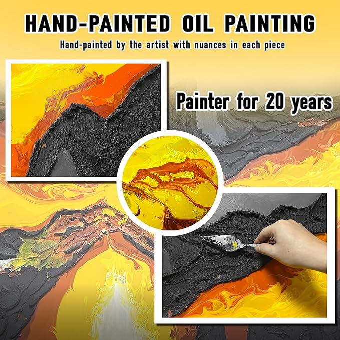 GUGIKA Large Abstract Wall Art for Living Room, Hand Painted 3D Textured Magma Paintings, Black and Gold Yellow Volcanic Lava Canvas Wall-Decor for Bedroom, Size 72x36 Inches