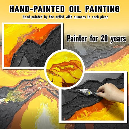 GUGIKA Large Abstract Wall Art for Living Room, Hand Painted 3D Textured Magma Paintings, Black and Gold Yellow Volcanic Lava Canvas Wall-Decor for Bedroom, Size 72x36 Inches