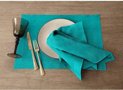 Solino Home Linen Placemats Set of 4 - Classic Hemstitch Teal Placemats 14 x 19 Inch - 100% Pure Linen Table Mats for Fall, Autumn, Christmas, New Year