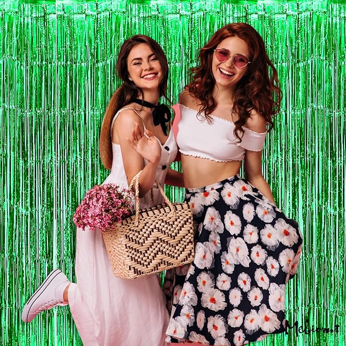 4 Pack Green Fringe Curtain Backdrop, 3.2Ft x 8.2Ft Metallic Tinsel Foil Fringe Streamers Background for Photo Booth Birthday Wedding Baby Shower Carnival Easter Mother’s Day Party Decorations