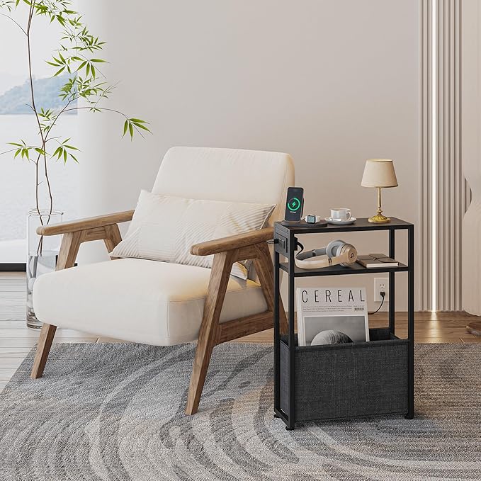 Narrow Side Table with Charging Station, Slim End Tables with Linen Basket, Skinny Table for Small Spaces, Thin Bedside Table for Living Room, Bedroom