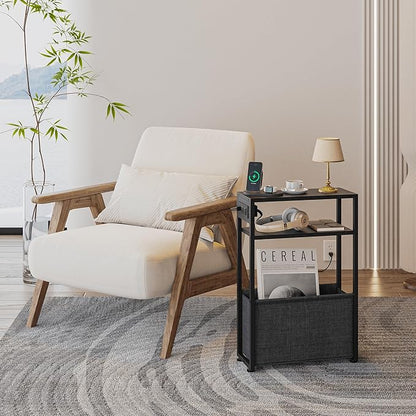 Narrow Side Table with Charging Station, Slim End Tables with Linen Basket, Skinny Table for Small Spaces, Thin Bedside Table for Living Room, Bedroom