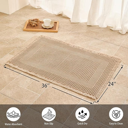 Waffle Bath Mat Non Slip, Boho Bathroom Rug, Super Absorbent Quick Dry Bathroom Mat, Soft Farmhouse Bath Rug with Tassels, Small Washable Shower Mats for Floor 24"x36", Square Brown