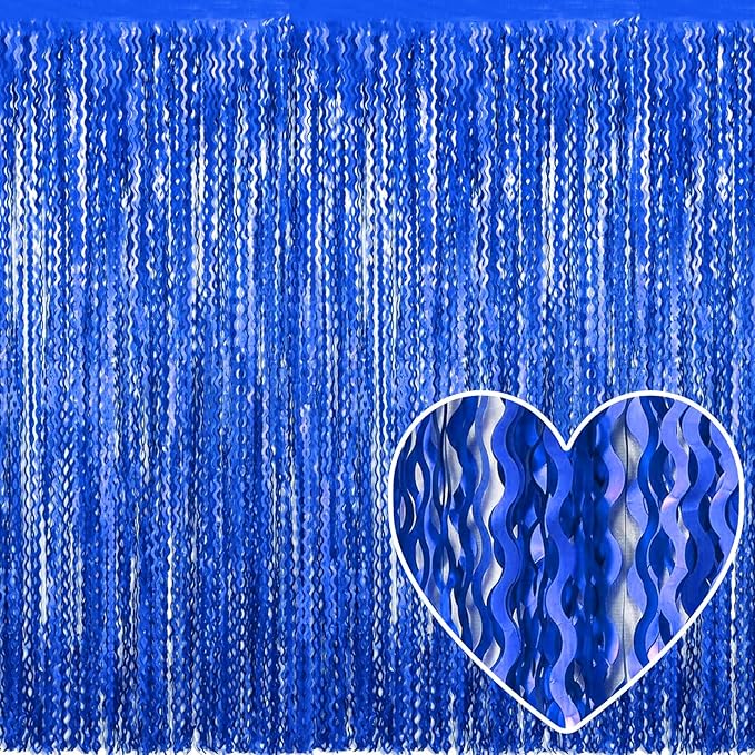 4 Pack Blue Fringe Curtain Backdrop 3.2Ft x 8.2Ft Metallic Tinsel Foil Fringe Streamers Background for Photo Booth Mother's Day, Easter, Carnival, Birthday, Wedding Party Decoration