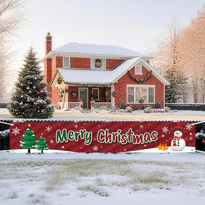 HOOSUN Christmas Decorations Outdoor Indoor,138 x 20 Inch Merry Christmas Banner for Outside,Large Xmas Tree Snowman Banners Yard Fence Decorations,Xmas Decor Banner for Fence,Proch,Wall,Party